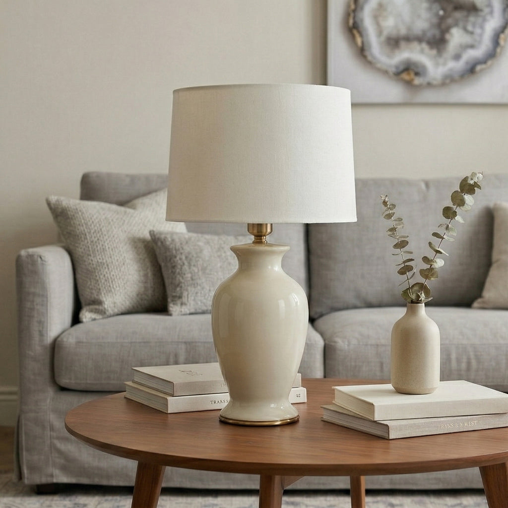 Elegant White Ceramic Table Lamp with Drum Shade