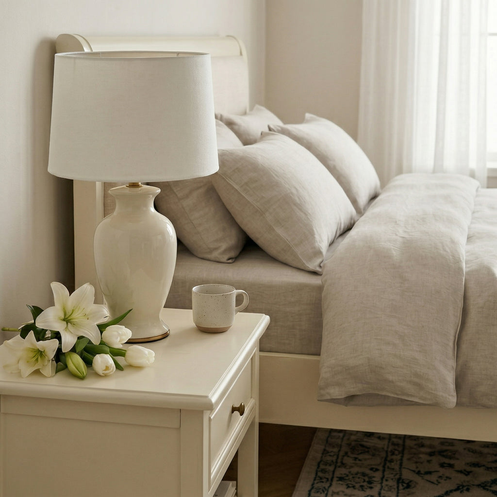 Elegant White Ceramic Table Lamp with Drum Shade