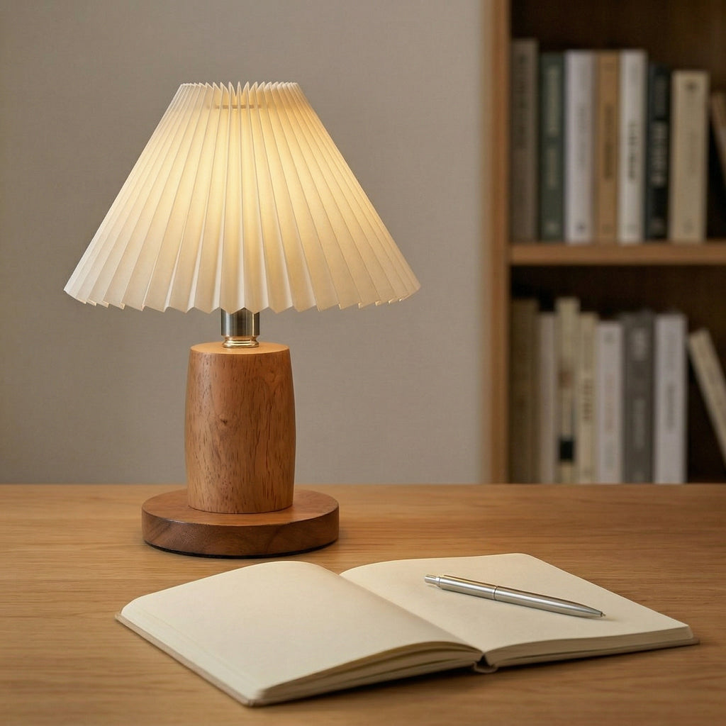 Modern Wooden Table Lamp with Pleated Shade