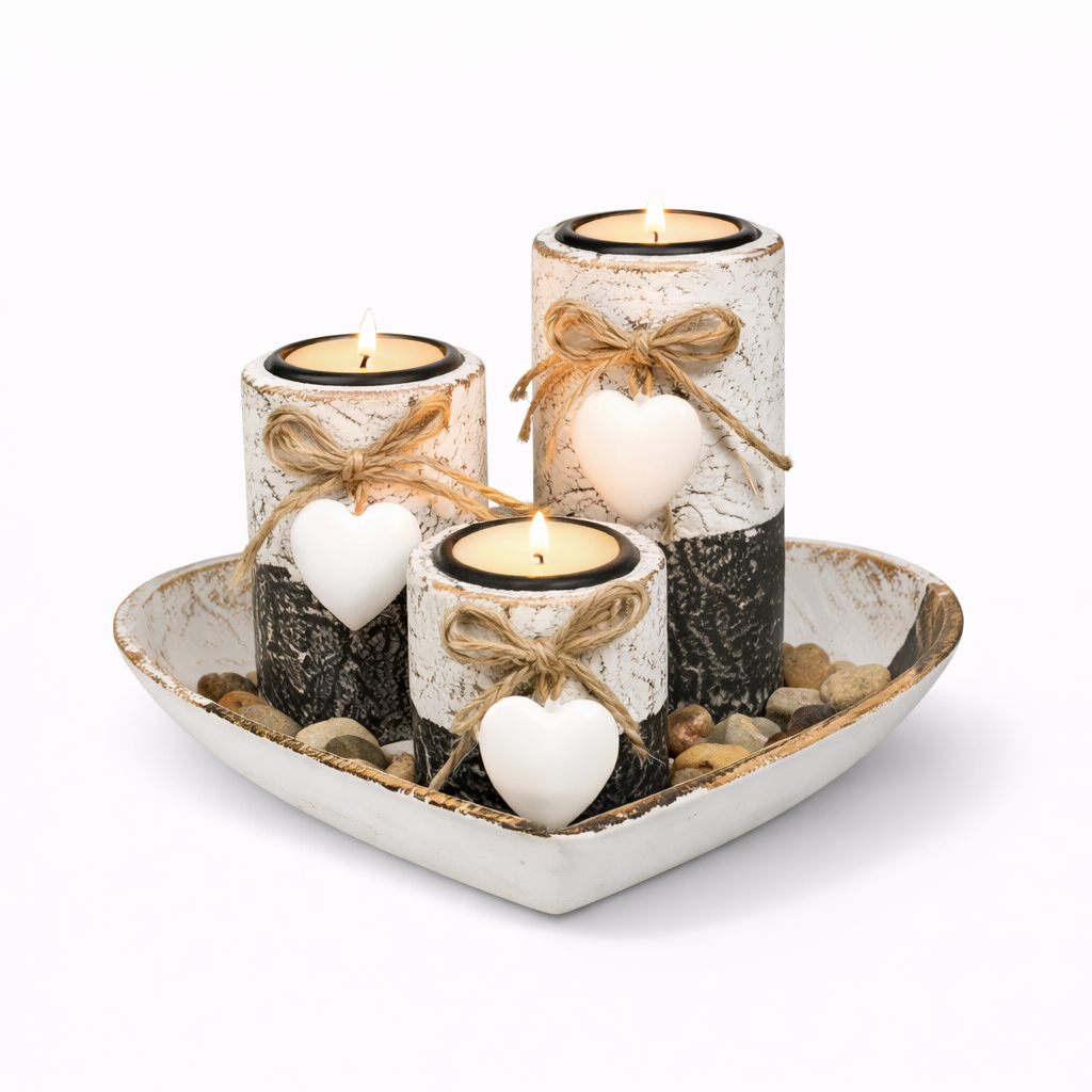 Rustic Romance Ignited 3-Piece Heart Candle Set