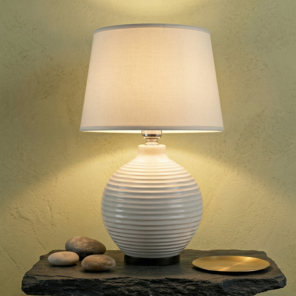 Ribbed Ceramic Table Lamp with Fabric Drum Shade