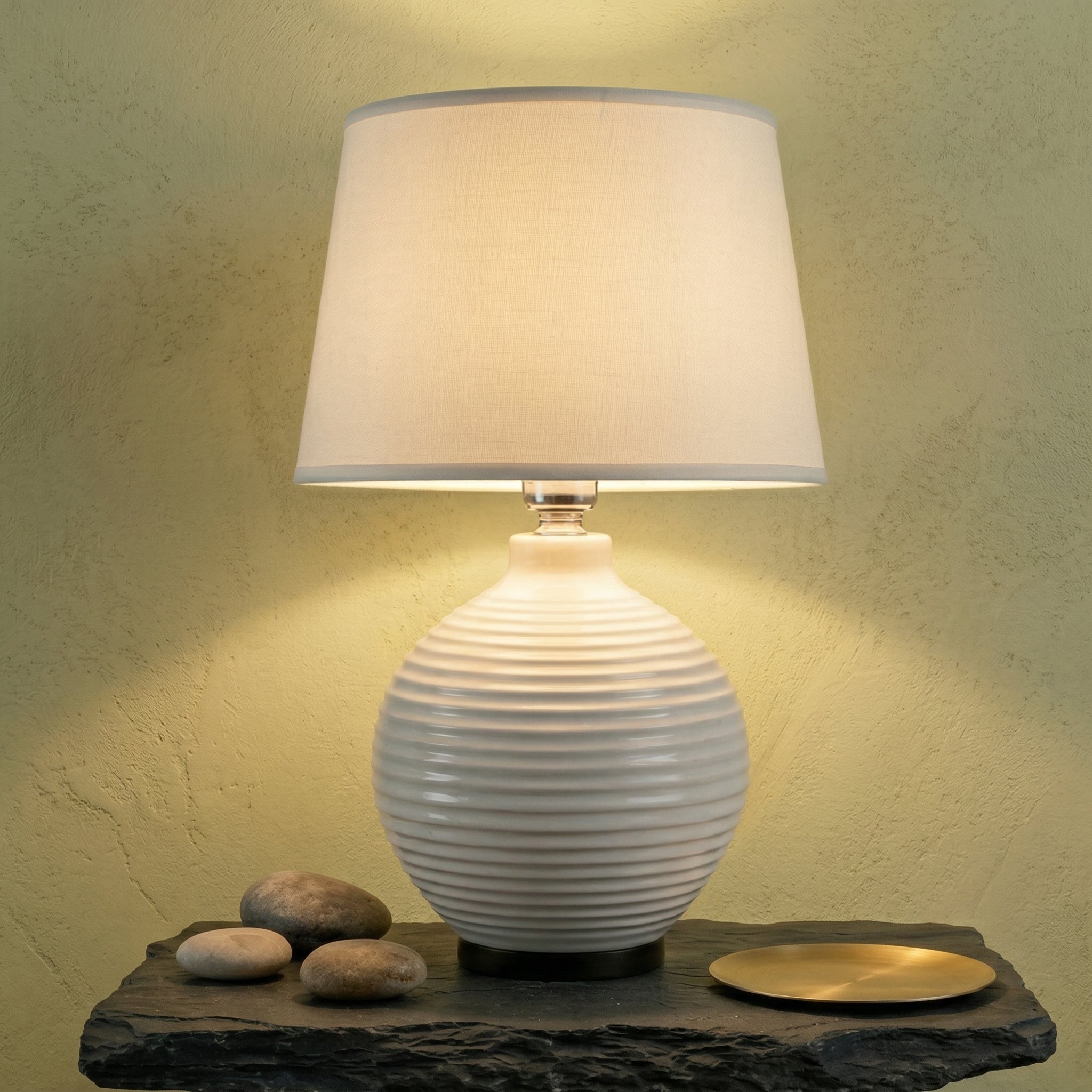 Ribbed Ceramic Table Lamp with Fabric Drum Shade