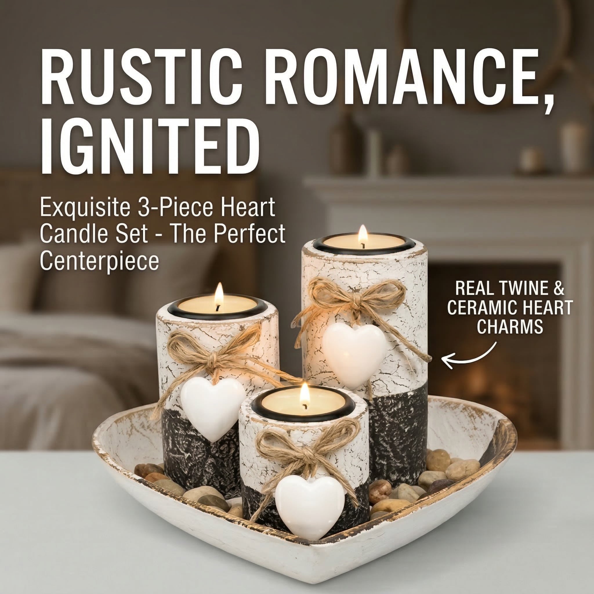 Rustic Romance Ignited 3-Piece Heart Candle Set