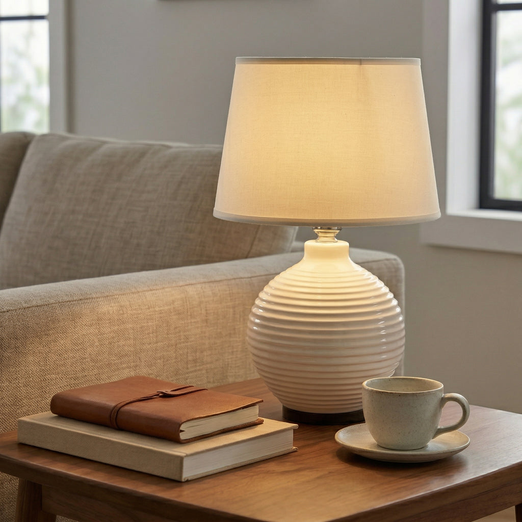 Ribbed Ceramic Table Lamp with Fabric Drum Shade