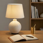 Ribbed Ceramic Table Lamp with Fabric Drum Shade