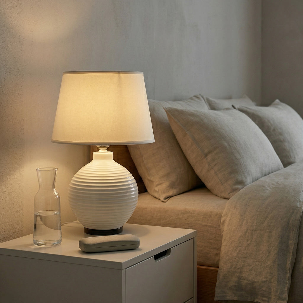 Ribbed Ceramic Table Lamp with Fabric Drum Shade