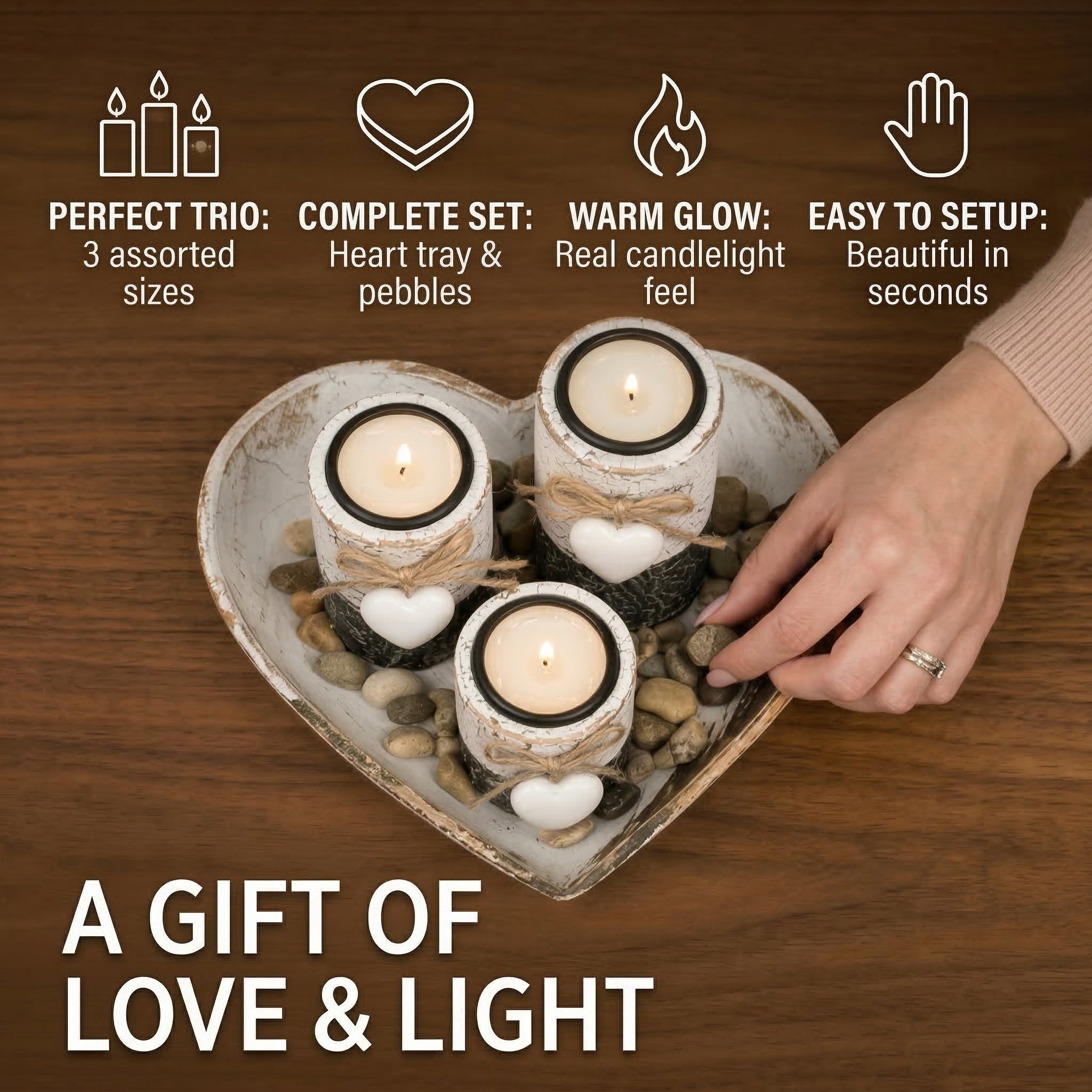 Rustic Romance Ignited 3-Piece Heart Candle Set