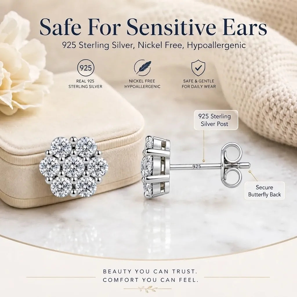 Elegant Sterling Silver Floral Stud Earrings – Lightweight Sparkle for Everyday Beauty