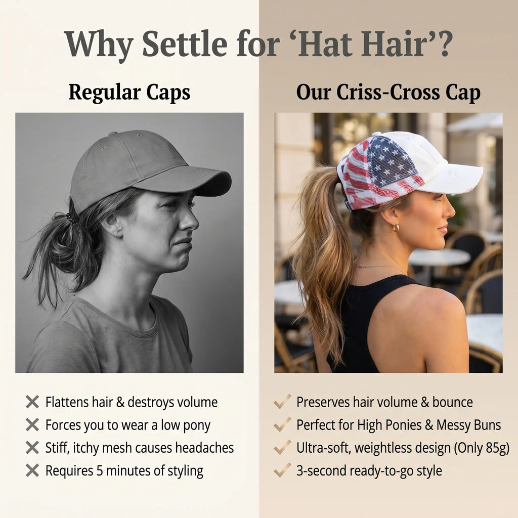 The "No Hat Hair" Criss-Cross Ponytail Cap | Women's Premium Washed Cotton Messy Bun Hat for Effortless Style Last Day Sale-90% OFF🔥