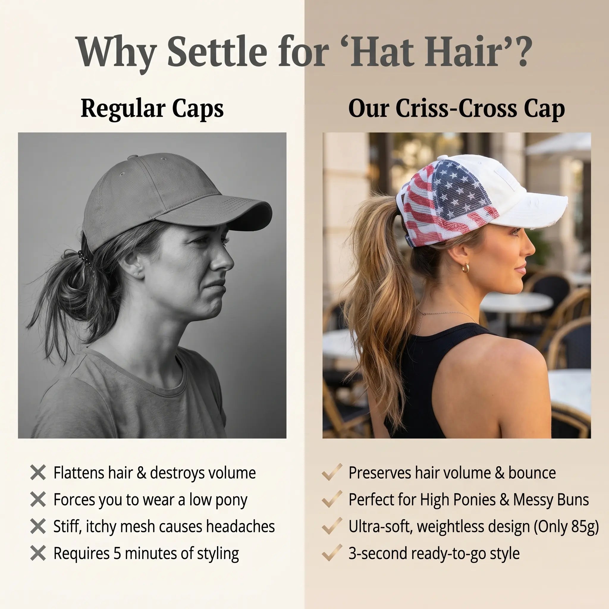 The "No Hat Hair" Criss-Cross Ponytail Cap | Women's Premium Washed Cotton Messy Bun Hat for Effortless Style Last Day Sale-90% OFF🔥