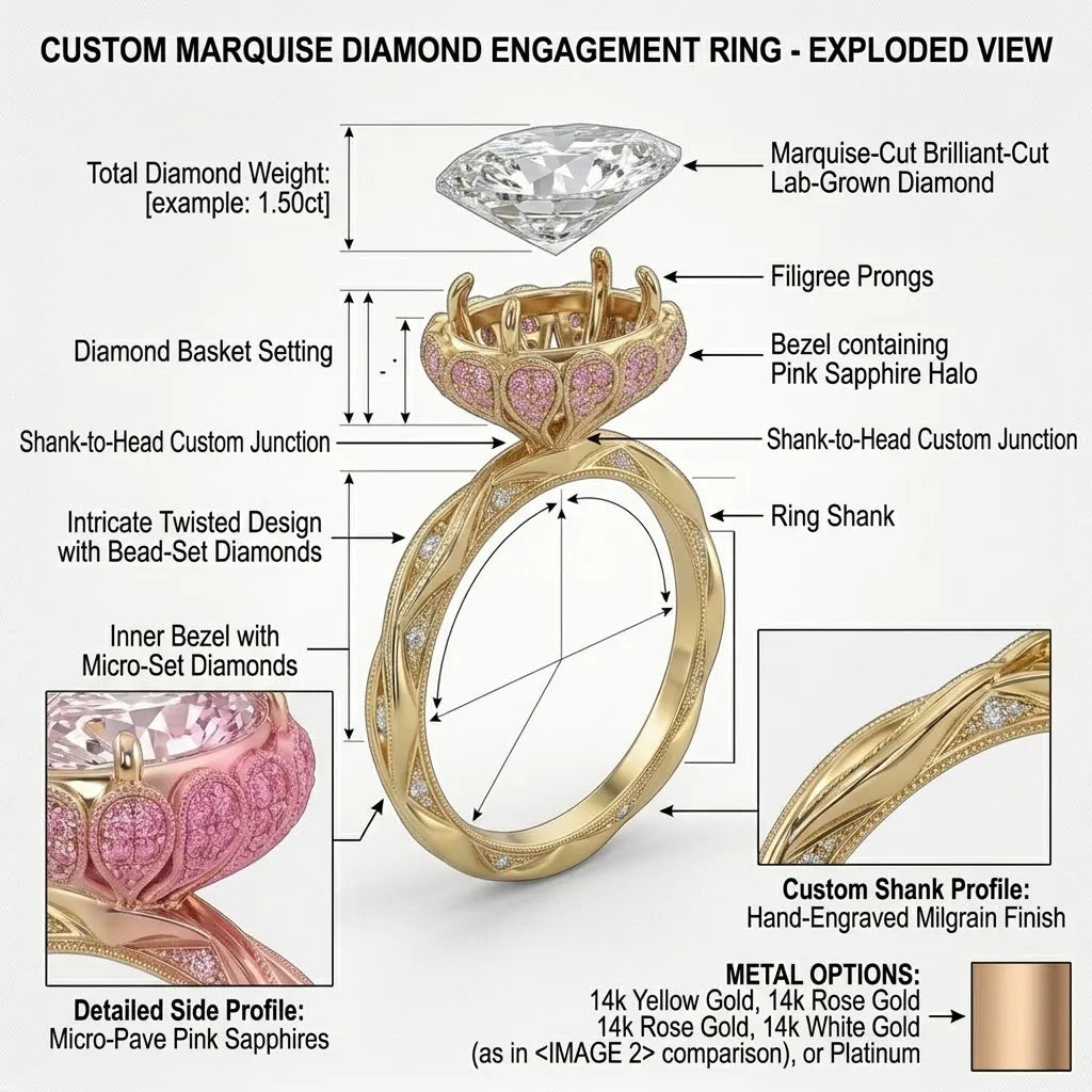 The Heirloom 3-Carat Marquise Ring | Pink Sapphire Hidden Halo & 14K Gold Vintage Masterpiece--Last Day Sale-90% OFF🔥