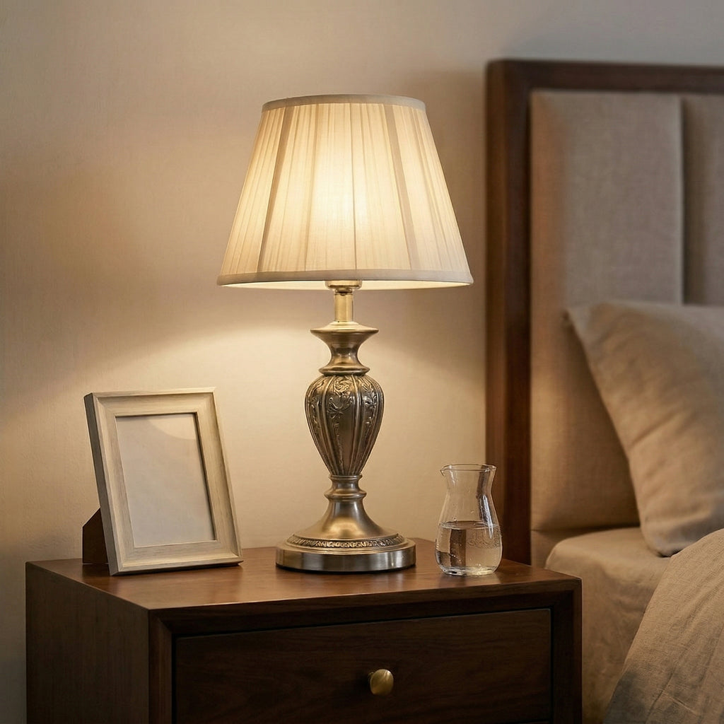 Elegant Vintage Table Lamp with Pleated Fabric Shade