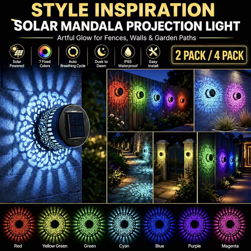 Seven-Color Changing Solar Mandala Projection Wall Light Decorative Solar Mandala Lights Outdoor Waterproof Metal Fence Lights for Yard Garden Post Patio Backyard Decor (2pcs) Last Day 90% OFF 🔥