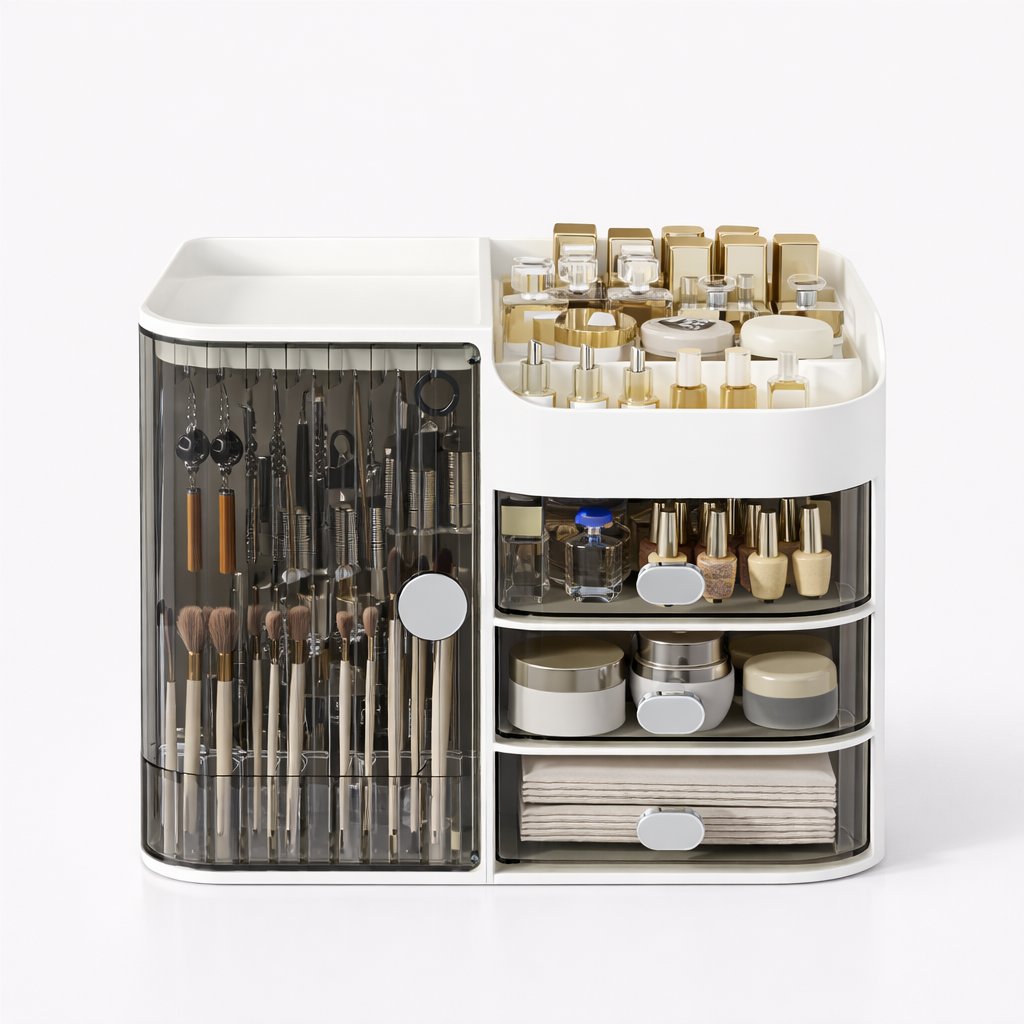 Ultimate Cosmetic Station with 3 Drawers & Rotatable Brush Rack