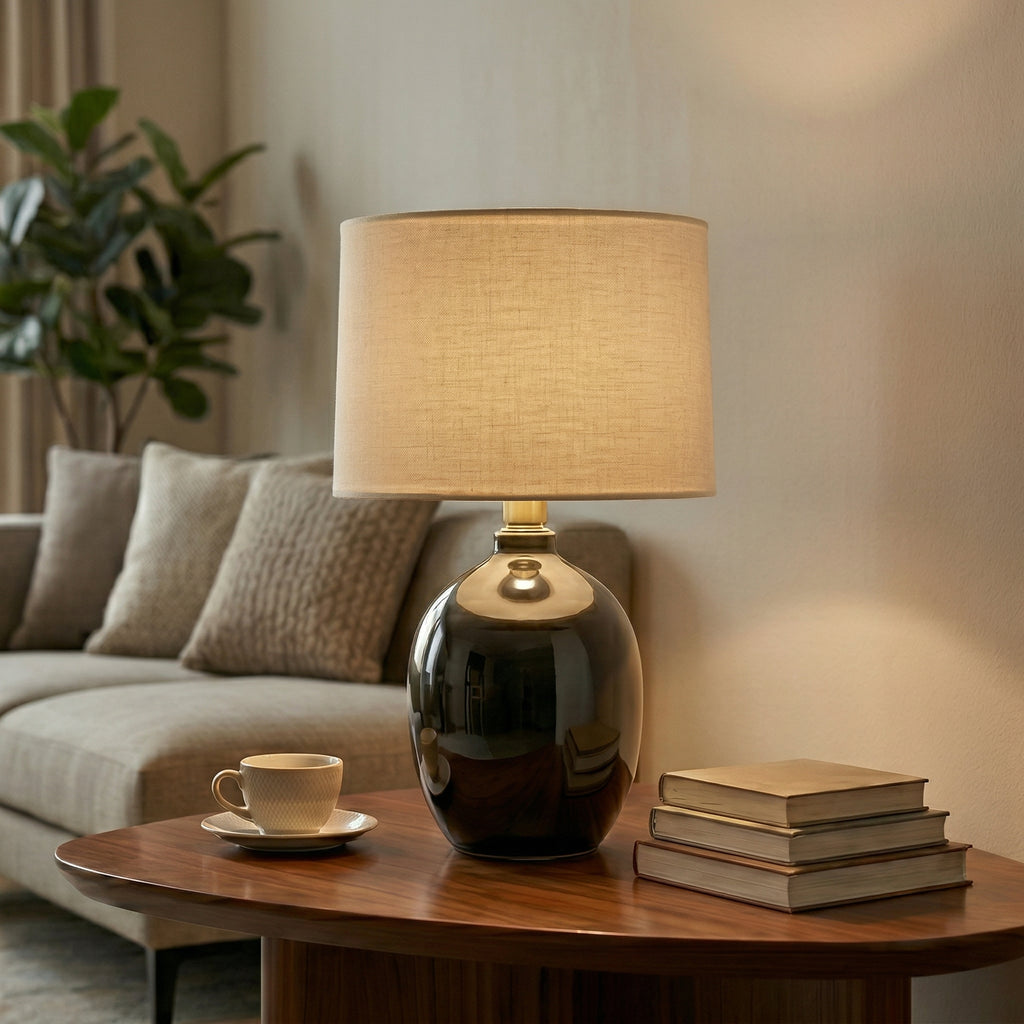 Modern Glossy Ceramic Table Lamp with Drum Shade