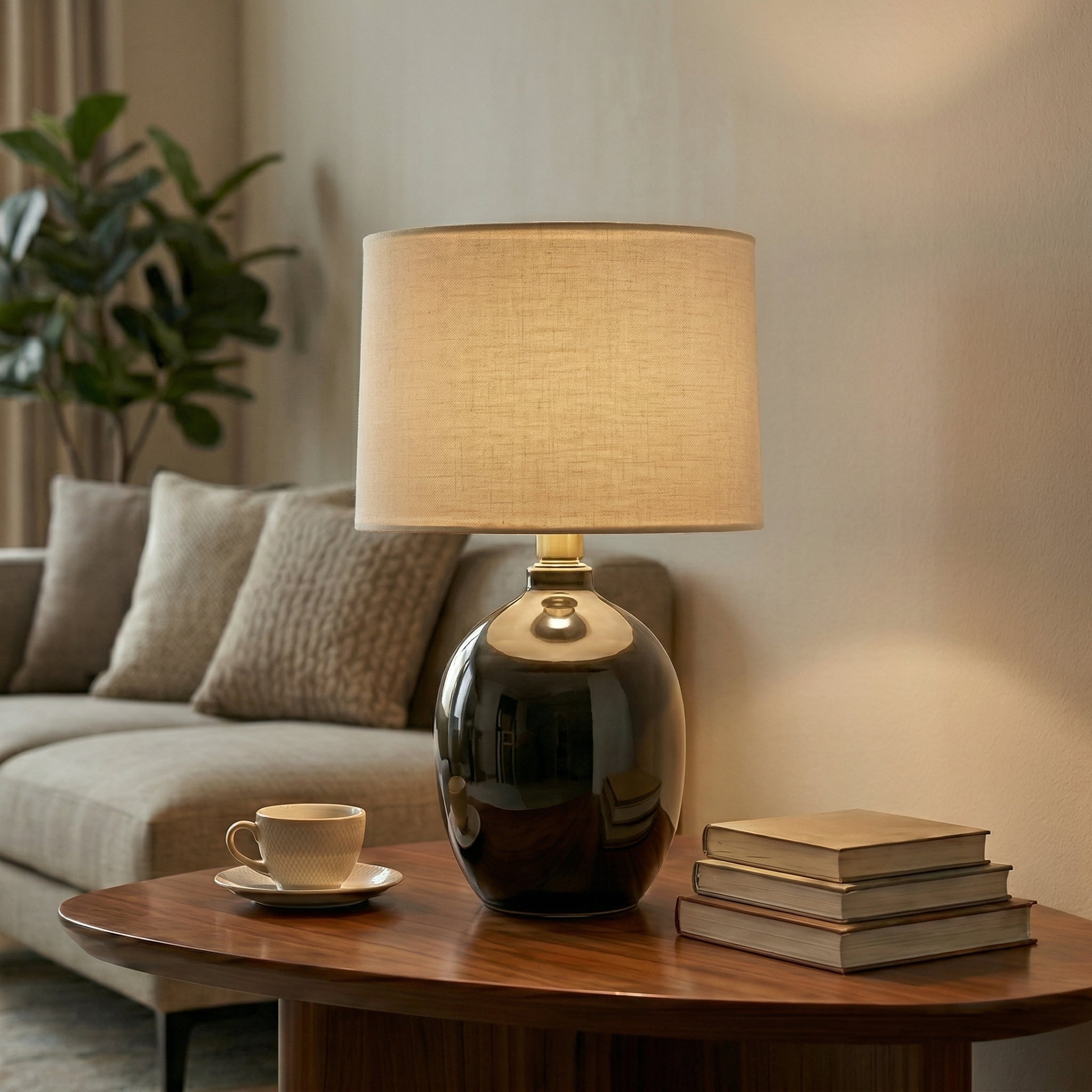 Modern Glossy Ceramic Table Lamp with Drum Shade
