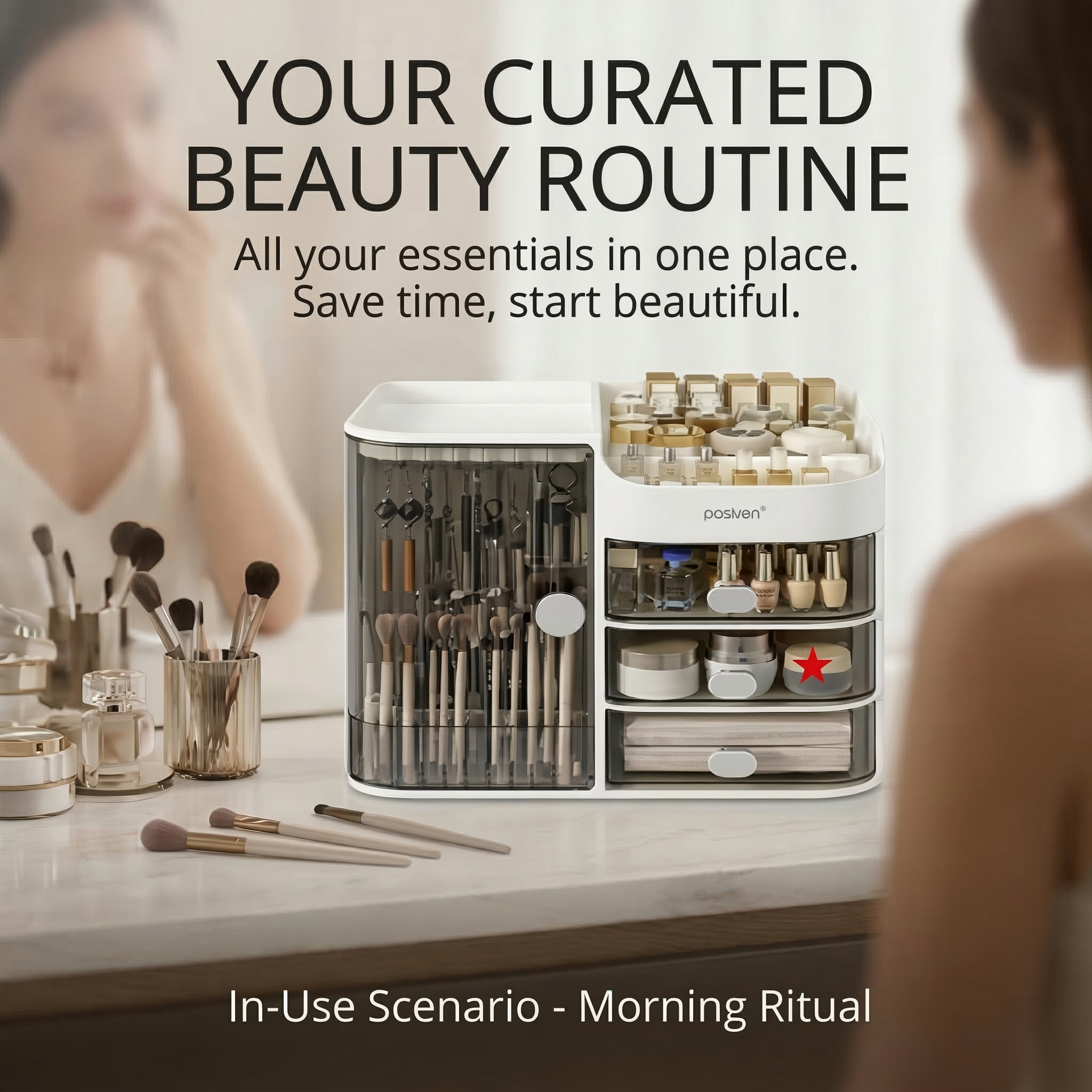 Ultimate Cosmetic Station with 3 Drawers & Rotatable Brush Rack