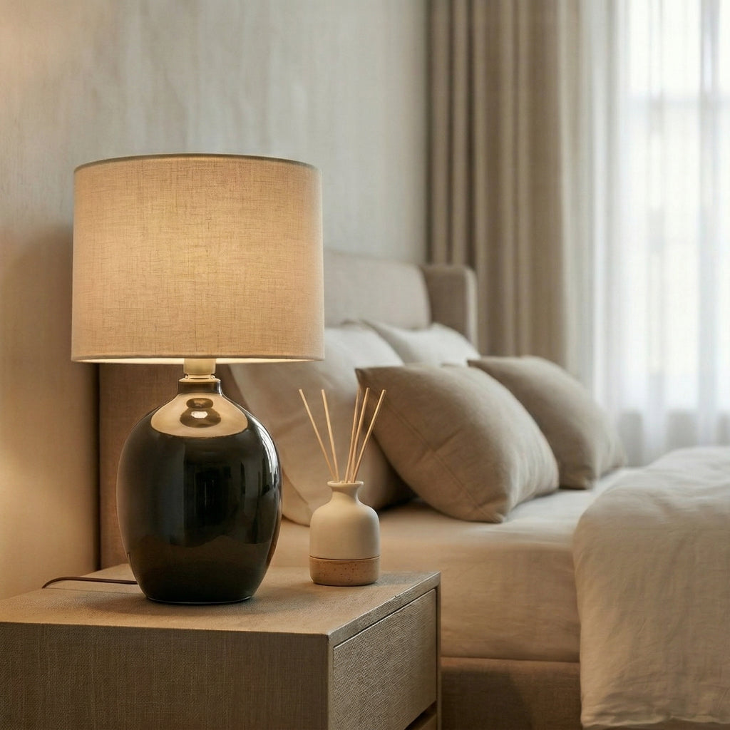 Modern Glossy Ceramic Table Lamp with Drum Shade