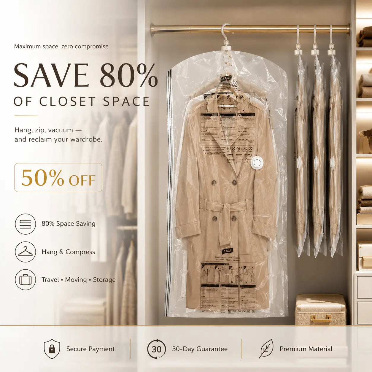 Hanging Vacuum Storage Bags – Save Up to 80% Closet Space for Coats, Dresses & Suits | Last Day 50% OFF 🔥