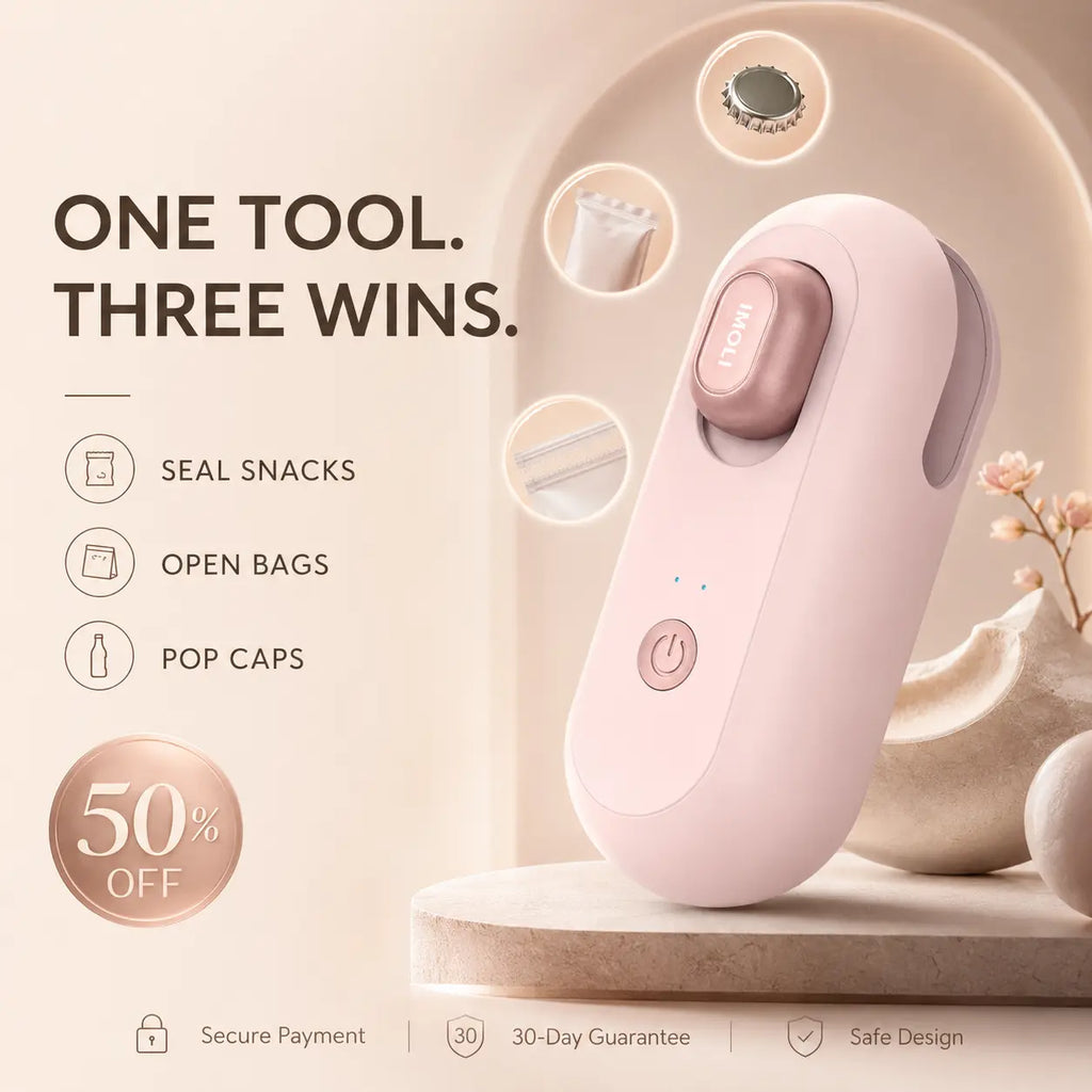 3-in-1 Portable Kitchen Tool – Seal Snack Bags, Open Packages & Pop Bottle Caps | USB Rechargeable & Magnetic (Last Day 50% OFF 🔥)