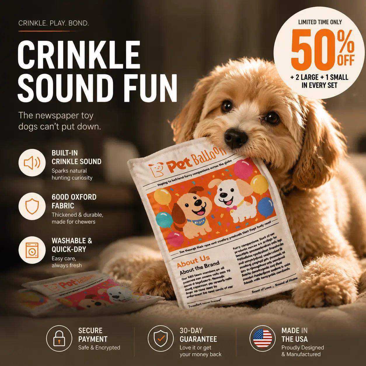 Pet Balloon Newspaper Toy – Crinkle Sound, Durable & Washable | Last Day 50% OFF 🔥
