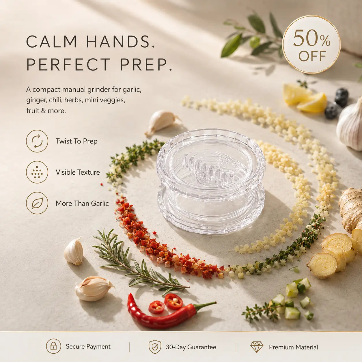 Last Day 50% OFF 🔥 Manual Twist Grinder – No-Knife Prep for Garlic, Ginger, Chili & Herbs