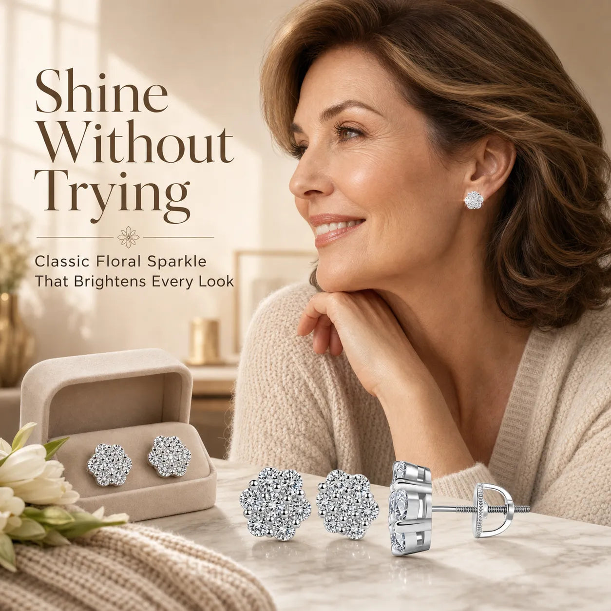 Elegant Sterling Silver Floral Stud Earrings – Lightweight Sparkle for Everyday Beauty