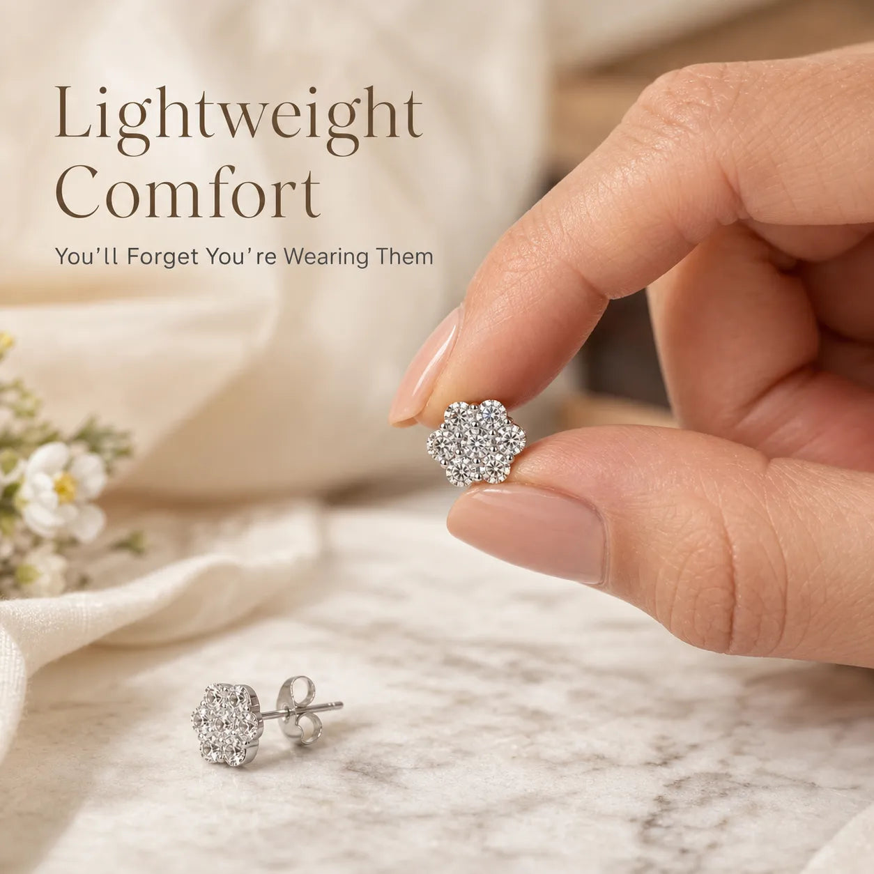 Elegant Sterling Silver Floral Stud Earrings – Lightweight Sparkle for Everyday Beauty
