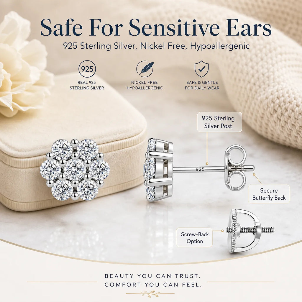 Elegant Sterling Silver Floral Stud Earrings – Lightweight Sparkle for Everyday Beauty