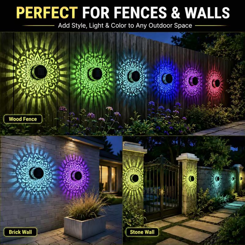Seven-Color Changing Solar Mandala Projection Wall Light Decorative Solar Mandala Lights Outdoor Waterproof Metal Fence Lights for Yard Garden Post Patio Backyard Decor (2pcs) Last Day 90% OFF 🔥