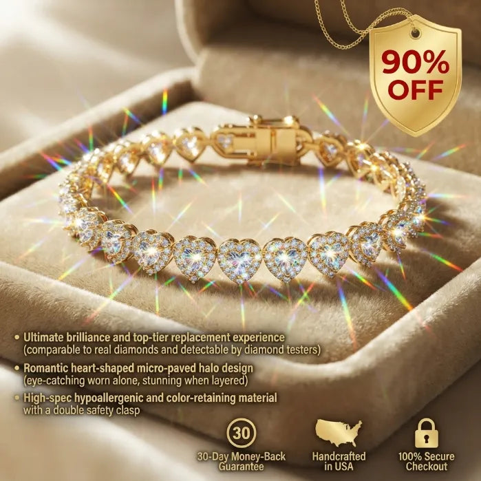 Heart Cut Moissanite Halo Tennis Bracelet for Women – D Color VVS1 Diamond Sparkle, S925 Sterling Silver 18K Gold Plated--Last Day Sale-90% OFF🔥