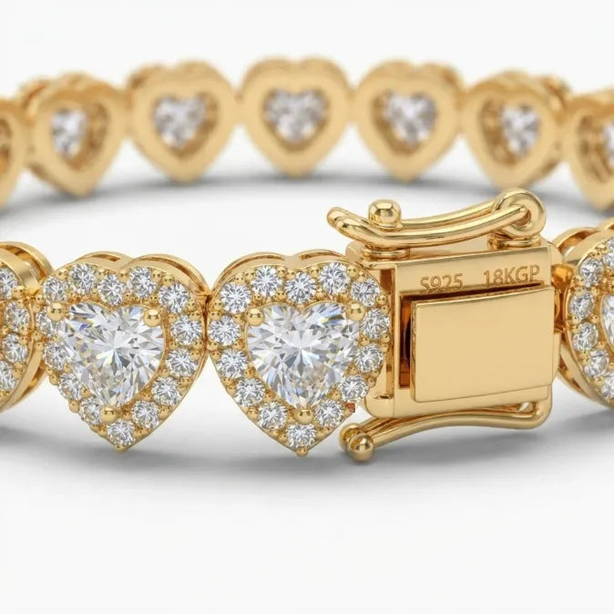 Heart Cut Moissanite Halo Tennis Bracelet for Women – D Color VVS1 Diamond Sparkle, S925 Sterling Silver 18K Gold Plated--Last Day Sale-90% OFF🔥
