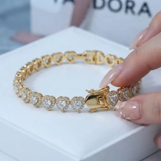 Heart Cut Moissanite Halo Tennis Bracelet for Women – D Color VVS1 Diamond Sparkle, S925 Sterling Silver 18K Gold Plated--Last Day Sale-90% OFF🔥