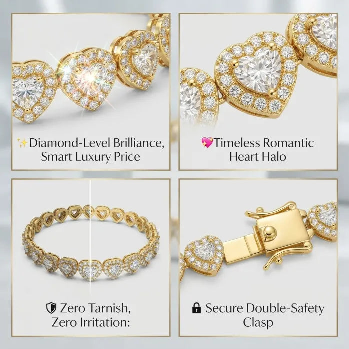 Heart Cut Moissanite Halo Tennis Bracelet for Women – D Color VVS1 Diamond Sparkle, S925 Sterling Silver 18K Gold Plated--Last Day Sale-90% OFF🔥