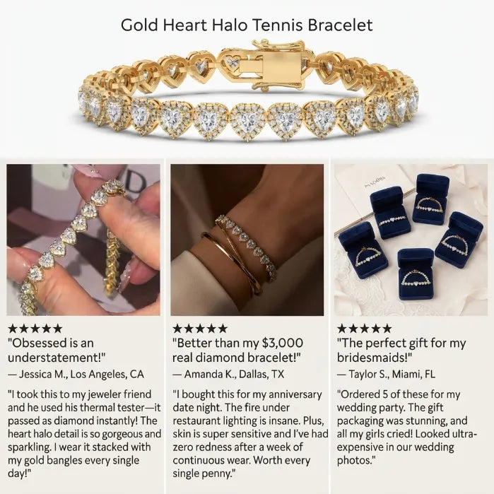 Heart Cut Moissanite Halo Tennis Bracelet for Women – D Color VVS1 Diamond Sparkle, S925 Sterling Silver 18K Gold Plated--Last Day Sale-90% OFF🔥