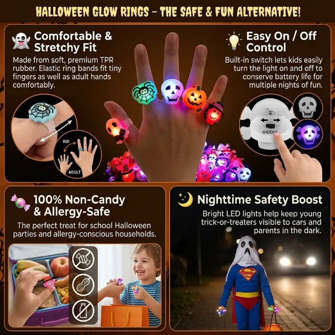 Halloween LED Light Up Rings  - Glow in the Dark Party Favors & Goodie Bag Fillers for Kids