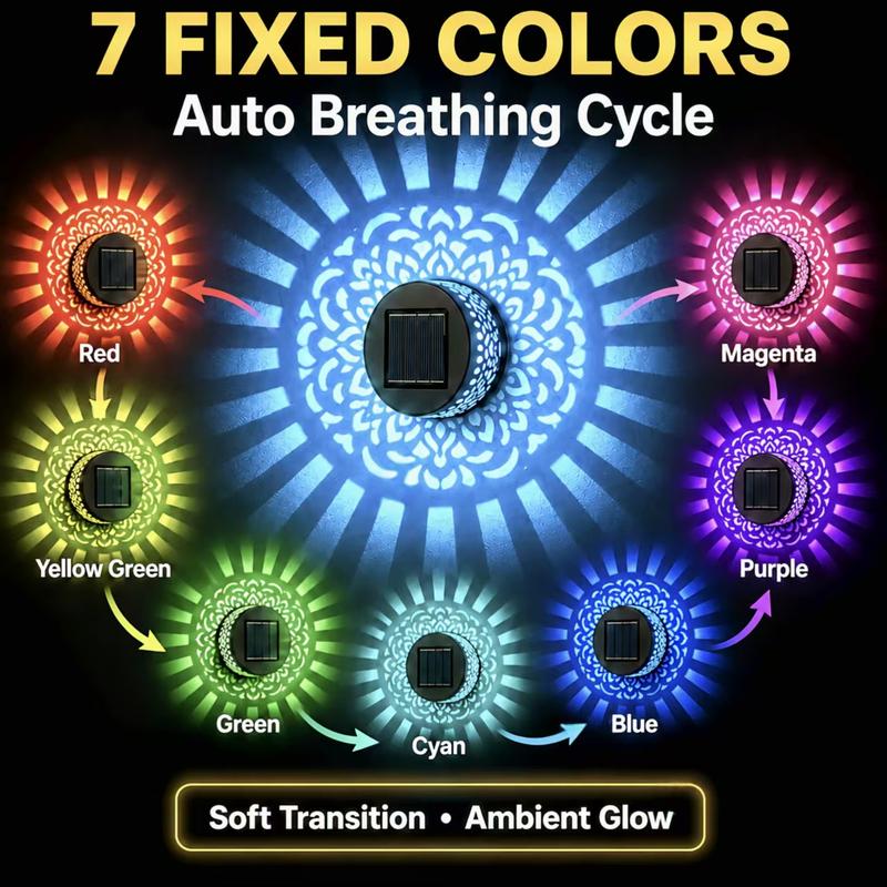 Seven-Color Changing Solar Mandala Projection Wall Light Decorative Solar Mandala Lights Outdoor Waterproof Metal Fence Lights for Yard Garden Post Patio Backyard Decor (2pcs) Last Day 90% OFF 🔥
